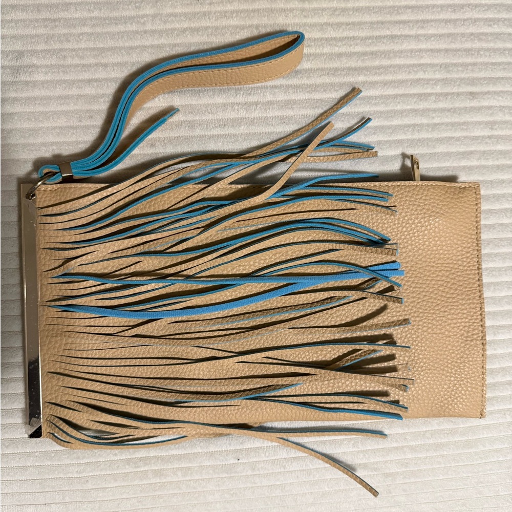 Elegant Tan and Blue Fringe Clutch